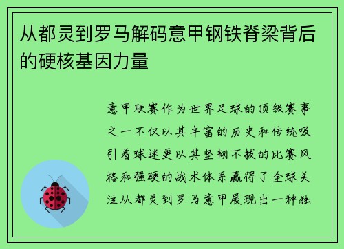 从都灵到罗马解码意甲钢铁脊梁背后的硬核基因力量