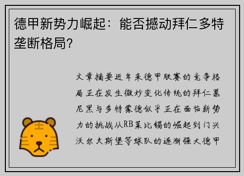 德甲新势力崛起：能否撼动拜仁多特垄断格局？